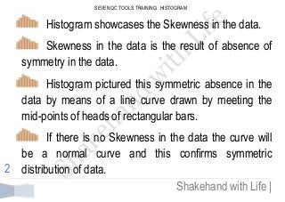 SEVEN QC TOOLS TRAINING: HISTOGRAM 
Shakehand with Life | 
2 
Histogram showcases the Skewness in the data. Skewness in the data is the result of absence of symmetry in the data. Histogram pictured this symmetric absence in the data by means of a line curve drawn by meeting the mid-points of heads of rectangular bars. If there is no Skewness in the data the curve will be a normal curve and this confirms symmetric distribution of data.  
