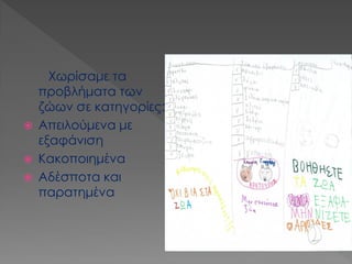 Χωρίσαμε τα προβλήματα των ζώων σε κατηγορίες: 
Απειλούμενα με εξαφάνιση 
Κακοποιημένα 
Αδέσποτα και παρατημένα  