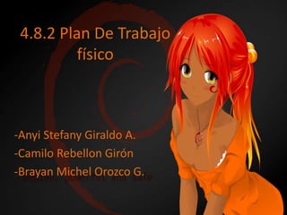 4.8.2 Plan De Trabajo 
físico 
-Anyi Stefany Giraldo A. 
-Camilo Rebellon Girón 
-Brayan Michel Orozco G. 
 