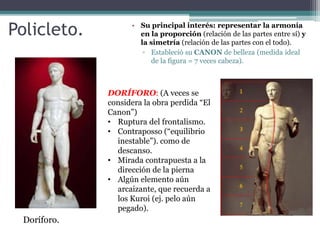 Policleto. 
Doríforo. 
• Su principal interés: representar la armonía 
en la proporción (relación de las partes entre sí) y 
la simetría (relación de las partes con el todo). 
▫ Estableció su CANON de belleza (medida ideal 
de la figura = 7 veces cabeza). 
DORÍFORO: (A veces se 
considera la obra perdida “El 
Canon”) 
• Ruptura del frontalismo. 
• Contraposso (“equilibrio 
inestable”). como de 
descanso. 
• Mirada contrapuesta a la 
dirección de la pierna 
• Algún elemento aún 
arcaizante, que recuerda a 
los Kuroi (ej. pelo aún 
pegado). 
 