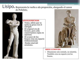Lisipo. 
- Representa la vuelta a ala proporción, alargando el canon 
APOXIOMENOS 
• Tema: atleta que se 
quita la grasa con el 
estrigile. 
• El original era de 
bronce, pero sólo 
conservamos copia en 
mármol. 
• El avance de los 
brazos crea un espacio 
tridimensional. 
. Huida total del 
arcaísmo. 
ARES LUDOVISI. 
• Dinamismo aún sentado, no simetría. 
También crea un espacio con los 
brazos. 
de Policleto. 
 
