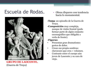 Escuela de Rodas. 
GRUPO DE LAOCONTE. 
(Guerra de Troya) 
• Obras dispares con tendencia 
hacia lo monumental. 
-Tema: un episodio de la Guerra de 
Troya. 
-Composición muy compleja, 
aunque de visión frontal (pudo 
formar parte de algún conjunto 
escenográfico que obligaba a 
verla de frente). 
-Figuras: 
• Presentan gran dramatismo: 
gestos de dolor. 
• Crean sus propia sombras: 
claroscuro que crea + volumen. 
• Contraste entre el cuerpo aún 
joven de Laoconte y su cara de 
viejo. 
 