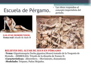 Escuela de Pérgamo. 
GALATAS MORIBUNDOS. 
Tema real: triunfo de Atalo II 
• Las obras responden al 
concepto imperialista del 
periodo. 
RELIEVES DEL ALTAR DE ZEUS EN PÉRGAMO 
-Tema: Gigantomaquia (lucha gigantes/dioses) tomado de la Teogonía de 
Hesiodo. –SIMBOLIZA: Triunfo de la dinastía de Eumeo II. 
-Características: -Altorrelieve. –Movimiento, dramatismo 
-Modelado: Trépano, Paños Mojados. 
 