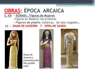 OBRAS: ÉPOCA ARCAICA 
S. VII: - XOANAS : Figuras de Mujeres 
-Figuras en Madera: las primeras 
- Figuras de piedra: estáticas, de ojos rasgados… 
ej. : -DAMA DE AUSERRE Y HERA DE SAMOS. 
Dama de 
Auserre y 
reconstrucción 
Del posible 
color 
 