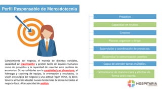 Proactivo 
Capacidad de Análisis 
Perfil Responsable de Mercadotecnia 
Creativo 
Planear, organizar y dirigir. 
Supervisión y coordinación de proyectos. 
Desarrollar la comunicación asertiva. 
Capaz de atender tareas múltiples. 
Comunicarse de manera clara y efectiva de 
forma oral y escrita. 
Conocimiento del negocio, el manejo de distintas variables, 
capacidad de organización y gestión tanto de equipos humanos 
como de proyectos y la capacidad de reacción ante cambios de 
escenarios. Otras cualidades son la creatividad y el dinamismo, el 
liderazgo y coaching de equipo, la orientación a resultados, la 
visión estratégica del negocio y una actitud ’open mind’, es decir, 
tener la virtud de adoptar nuevas tendencias de otros mercados al 
negocio local. Alta capacidad de análisis. 
 