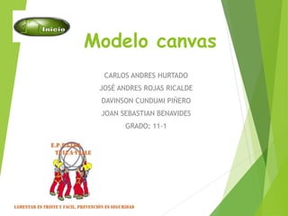 Modelo canvas 
CARLOS ANDRES HURTADO 
JOSÉ ANDRES ROJAS RICALDE 
DAVINSON CUNDUMI PIÑERO 
JOAN SEBASTIAN BENAVIDES 
GRADO: 11-1 
 