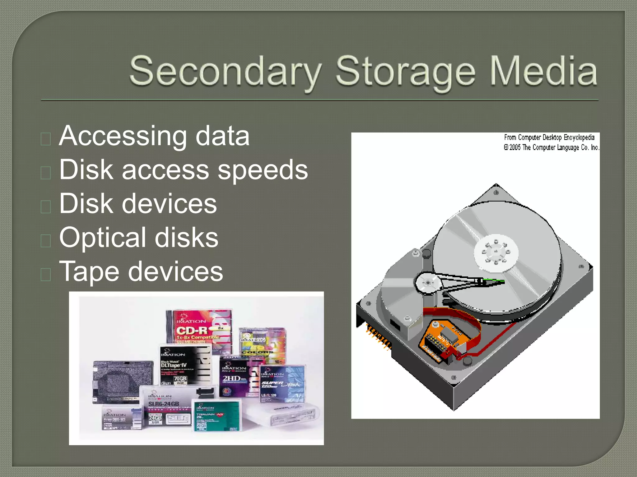 Accessing data 
Disk access speeds 
Disk devices 
Optical disks 
Tape devices 
 