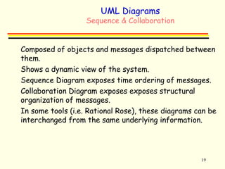 19 
UML Diagrams 
Sequence & Collaboration 
 Composed of objects and messages dispatched between 
them. 
 Shows a dynamic view of the system. 
 Sequence Diagram exposes time ordering of messages. 
 Collaboration Diagram exposes exposes structural 
organization of messages. 
 In some tools (i.e. Rational Rose), these diagrams can be 
interchanged from the same underlying information. 
 