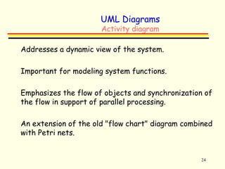 24 
UML Diagrams 
Activity diagram 
 Addresses a dynamic view of the system. 
 Important for modeling system functions. 
 Emphasizes the flow of objects and synchronization of 
the flow in support of parallel processing. 
 An extension of the old "flow chart" diagram combined 
with Petri nets. 
 