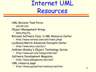 30 
Internet UML 
Resources 
 UML Revision Task Force 
 uml.shl.com 
 Object Management Group 
 www.omg.org 
 Rational Software Corp.'s UML Resource Center 
 http://www.rational.com/uml/index.jtmpl 
 Lockheed Martin Advanced Concepts Center 
 http://www.lmco.com/acc/ 
 Addison-Wesley's Object Technology Series 
 http://www.awl.com/cseng/otseries/ 
 Software Development Magazine 
 http://www.sdmagazine.com/uml/ 
 UML resource page 
 http://home.pacbell.net/ckobryn/uml.htm 
 