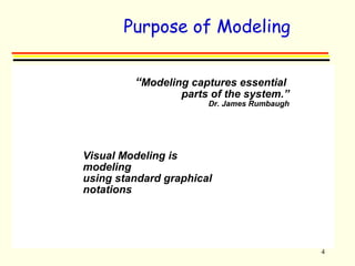 4 
Purpose of Modeling 
“Modeling captures essential 
parts of the system.” 
Dr. James Rumbaugh 
Visual Modeling is 
modeling 
using standard graphical 
notations 
 