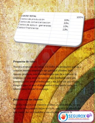 Propuesta de valor: 
Nuestra propuesta de valor, son todos los productos que da a 
conocer nuestra empresa a sus queridos clientes, pero 
nuestro producto más revolucionario que da a conocer la 
empresa, es una serie de cascos para diseñados para una 
comunicación entre el trabajador y sus jefes sin que ella un 
riesgo alguno al usar el dispositivo o que pueda parar sus 
labores para atender el mensaje. 
Relación con los clientes: 
Nuestra relación con nuestros clientes es muy buena, ya que 
les ofrecemos nuestro mejor servicio, con toda la amabilidad 
que puede dar un vendedor a sus clientes, también la 
 