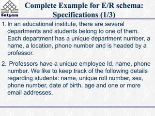 Complete Example for E/R schema: 
Specifications (1/3) 
1. In an educational institute, there are several 
departments and students belong to one of them. 
Each department has a unique department number, a 
name, a location, phone number and is headed by a 
professor. 
2. Professors have a unique employee Id, name, phone 
number. We like to keep track of the following details 
regarding students: name, unique roll number, sex, 
phone number, date of birth, age and one or more 
email addresses. 
 