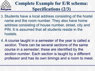 Complete Example for E/R schema: 
Specifications (2/3) 
3. Students have a local address consisting of the hostel 
name and the room number. They also have home 
address consisting of house number, street, city and 
PIN. It is assumed that all students reside in the 
hostels. 
4. A course taught in a semester of the year is called a 
section. There can be several sections of the same 
course in a semester; these are identified by the 
section number. Each section is taught by a different 
professor and has its own timings and a room to meet. 
 