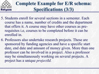 Complete Example for E/R schema: 
Specifications (3/3) 
5. Students enroll for several sections in a semester. Each 
course has a name, number of credits and the department 
that offers it. A course may have other courses as pre-requisites 
i.e, courses to be completed before it can be 
enrolled in. 
6. Professors also undertake research projects. These are 
sponsored by funding agencies and have a specific start 
date, end date and amount of money given. More than one 
professor can be involved in a project. Also a professor 
may be simultaneously working on several projects. A 
project has a unique projectId. 
 