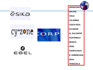 ARGENTINA 
BOLIVIA 
CHILE 
COLOMBIA 
COSTA RICA 
ECUADOR 
EL SALVADOR 
GUATEMALA 
MEXICO 
PERU 
PUERTO RICO 
R. DOMINICANA 
EEUU 
VENEZUELA 
 
