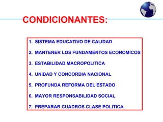 CONDICIONANTES: 
1. SISTEMA EDUCATIVO DE CALIDAD 
2. MANTENER LOS FUNDAMENTOS ECONOMICOS 
3. ESTABILIDAD MACROPOLITICA 
4. UNIDAD Y CONCORDIA NACIONAL 
5. PROFUNDA REFORMA DEL ESTADO 
6. MAYOR RESPONSABILIDAD SOCIAL 
7. PREPARAR CUADROS CLASE POLITICA 
 