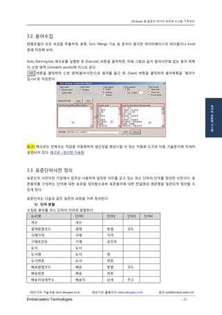 Embarcadero Technologies - 3 - 
데브기어 기술자료 tech.devgear.co.kr 데브기어 홈페이지 www.devgear.co.kr 문의 ask@embarcadero.kr 
ER/Studio 를 활용한 데이터 표준화 시스템 구축방안 
데 
이 
터 
표 
준 
화 
시 
스 
템 
3.2. 용어수집 
현행모델의 모든 속성을 추출하여, 분류, Sort, Merge 기능 등 분석이 용이한 데이터베이스의 테이블이나 Excel 등에 저장해 보자. 
Auto_Naming.bas 매크로를 실행한 후 [Execute] 버튼을 클릭하면, 아래 그림과 같이 용어사전에 없는 용어 목록이 ②번 영역 (Unmatch words)에 리스트 된다. 
버튼을 클릭하여 ①번 영역(용어사전)으로 용어를 옮긴 후, [Save] 버튼을 클릭하여 용어목록을 “용어수집.csv”로 저장한다. 
참고) 매크로는 반복되는 작업을 자동화하여 생산성을 향상시킬 수 있는 자동화 도구로 다음 기술문서에 자세히 설명되어 있다. 매크로 - 편리한 자동화 
3.3. 표준단어사전 정의 
표준단어 사전이란 기업에서 업무상 사용하며 일정한 의미를 갖고 있는 최소 단위의 단어를 정의한 사전이다. 표준용어를 구성하는 단어에 대한 표준을 정의함으로써 표준용어에 대한 한글명과 영문명을 일관되게 정의할 수 있게 한다. 
표준단어는 다음과 같은 일련의 과정을 거쳐 정의한다. 
1) 단어 분할 
수집된 용어를 최소 단위의 단어로 분할한다. 논리명 단어1 단어2 단어3 단어4 
개수 
개수 
결재방법코드 
결재 
방법 
코드 
구매가격 
구매 
가격 
구매포인트 
구매 
포인트 
도서 
도서 
도서명 
도서 
명 
도서번호 
도서 
번호 
배송방법코드 
배송 
방법 
코드 
배송번호 
배송 
번호 
배송지상세주소 
배송지 
상세 
주소 
 