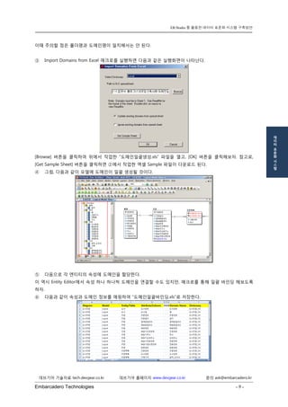 Embarcadero Technologies - 9 - 
데브기어 기술자료 tech.devgear.co.kr 데브기어 홈페이지 www.devgear.co.kr 문의 ask@embarcadero.kr 
ER/Studio 를 활용한 데이터 표준화 시스템 구축방안 
데 
이 
터 
표 
준 
화 
시 
스 
템 
이때 주의할 점은 폴더명과 도메인명이 일치해서는 안 된다. 
③ Import Domains from Excel 매크로를 실행하면 다음과 같은 실행화면이 나타난다. 
[Browse] 버튼을 클릭하여 위에서 작업한 “도메인일괄생성.xls” 파일을 열고, [OK] 버튼을 클릭해보자. 참고로, [Get Sample Sheet] 버튼을 클릭하면 ②에서 작업한 엑셀 Sample 파일이 다운로드 된다. 
④ 그럼, 다음과 같이 모델에 도메인이 일괄 생성될 것이다. 
⑤ 다음으로 각 엔티티의 속성에 도메인을 할당한다. 
이 역시 Entity Editor에서 속성 하나 하나씩 도메인을 연결할 수도 있지만, 매크로를 통해 일괄 바인딩 해보도록 하자. 
⑥ 다음과 같이 속성과 도메인 정보를 매핑하여 “도메인일괄바인딩.xls”로 저장한다. 
 