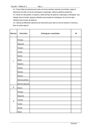 TALLER – TAREA N° 5 Pág. 4 
4.3. Trace el flujo de potencia para cada uno de los cambios (marcha) encontrados, según la 
disposición de cada uno de los embragues y engranajes, utilice los gráficos posteriores. 
4.4. Indicar en cada grafico, el ingreso y salida del flujo de potencia, engranajes y embragues que 
trabajan para el cambio, agujeros utilizados para acoplar los embragues, así como los ejes 
utilizados para el paso de potencia. 
4.5. Calcule las diferentes relaciones de transmisión para cada uno de los cambios o marchas y 
llene el cuadro adjunto. 
Marcha Velocidad Embragues conectados Rt 
F 
Primera 
Segunda 
Tercera 
Cuarta 
Quinta 
Sexta 
Séptima 
Octava 
Novena 
Décima 
Décima primera 
Décima segunda 
N Neutro 
R 
Primera 
Segunda 
Tercera 
Cuarta 
Quinta 
Sexta 
TECSUP 
 