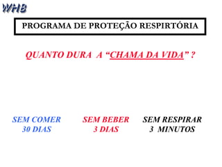 PROGRAMA DE PROTEÇÃO RESPIRTÓRIA 
QUANTO DURA A “CHAMA DA VIDA” ? 
SEM COMER 
30 DIAS 
SEM BEBER 
3 DIAS 
SEM RESPIRAR 
3 MINUTOS 
 