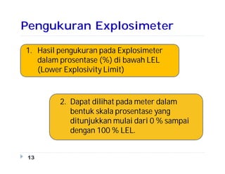 Pengukuran Explosimeter
1. Hasil pengukuran pada Explosimeter
dalam prosentase (%) di bawah LEL
(Lower Explosivity Limit)
2. Dapat dilihat pada meter dalam
bentuk skala prosentase yang
ditunjukkan mulai dari 0 % sampai
dengan 100 % LEL.
13
 