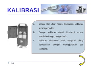 KALIBRASI
32
a. Setiap alat ukur harus dilakukan kalibrasi
secara periodik.
b. Dengan kalibrasi dapat diketahui sensor
masih berfungsi dengan baik.
c. Kalibrasi dilakukan untuk mengatur ulang
pembacaan dengan menggunakan gas
standard.
 