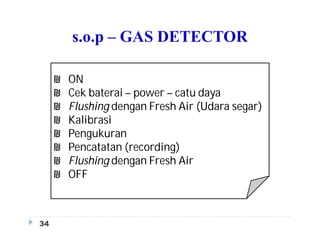 s.o.p – GAS DETECTOR
34
34
₪ ON
₪ Cek baterai – power – catu daya
₪ Flushing dengan Fresh Air (Udara segar)
₪ Kalibrasi
₪ Pengukuran
₪ Pencatatan (recording)
₪ Flushing dengan Fresh Air
₪ OFF
 