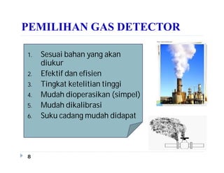 PEMILIHAN GAS DETECTOR
1. Sesuai bahan yang akan
diukur
2. Efektif dan efisien
3. Tingkat ketelitian tinggi
4. Mudah dioperasikan (simpel)
5. Mudah dikalibrasi
6. Suku cadang mudah didapat
8
 