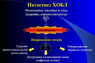 ППааттооггееннеезз ХХООББЛЛ 
ППааттооггеенннныыее ччаассттииццыы ии ггааззыы 
((ккууррееннииее,, ааээррооппооллллююттааннттыы)) 
Воспаление 
Сужение 
дыхательных путей 
(отек, спазм) 
Деструкция альвеолярной ткани 
(эмфизема легких) 
Гиперсекреция 
мокроты, мукостаз 
ППоовврреежжддееннииее ллееггккиихх 
 