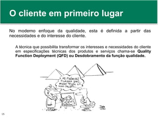 O cliente em primeiro lugar 
No moderno enfoque da qualidade, esta é definida a partir das 
necessidades e do interesse do cliente. 
A técnica que possibilita transformar os interesses e necessidades do cliente 
em especificações técnicas dos produtos e serviços chama-se Quality 
Function Deployment (QFD) ou Desdobramento da função qualidade. 
Prof. Adm. Antonio Marcos Montai Messias | Teoria Geral da Administração 15 II | 4° Termo 
 