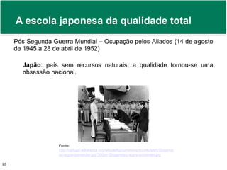 A escola japonesa da qualidade total 
Pós Segunda Guerra Mundial – Ocupação pelos Aliados (14 de agosto 
de 1945 a 28 de abril de 1952) 
Japão: país sem recursos naturais, a qualidade tornou-se uma 
obsessão nacional. 
Fonte: 
http://upload.wikimedia.org/wikipedia/commons/thumb/e/e5/Shigemit 
su-signs-surrender.jpg/300px-Shigemitsu-signs-surrender.jpg 
Prof. Adm. Antonio Marcos Montai Messias | Teoria Geral da Administração 20 II | 4° Termo 
 