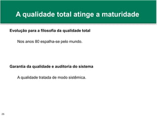 A qualidade total atinge a maturidade 
Evolução para a filosofia da qualidade total 
Nos anos 80 espalha-se pelo mundo. 
Garantia da qualidade e auditoria do sistema 
A qualidade tratada de modo sistêmica. 
Prof. Adm. Antonio Marcos Montai Messias | Teoria Geral da Administração 26 II | 4° Termo 
 