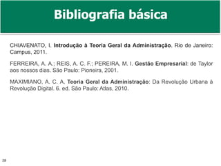 Bibliografia básica 
CHIAVENATO, I. Introdução à Teoria Geral da Administração. Rio de Janeiro: 
Campus, 2011. 
FERREIRA, A. A.; REIS, A. C. F.; PEREIRA, M. I. Gestão Empresarial: de Taylor 
aos nossos dias. São Paulo: Pioneira, 2001. 
MAXIMIANO, A. C. A. Teoria Geral da Administração: Da Revolução Urbana à 
Revolução Digital. 6. ed. São Paulo: Atlas, 2010. 
Prof. Adm. Antonio Marcos Montai Messias | Teoria Geral da Administração 28 II | 4° Termo 
 