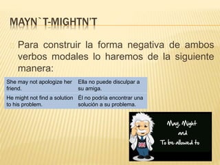 MAYN`T-MIGHTN’T 
Para construir la forma negativa de ambos 
verbos modales lo haremos de la siguiente 
manera: 
She may not apologize her 
friend. 
Ella no puede disculpar a 
su amiga. 
He might not find a solution 
to his problem. 
Él no podría encontrar una 
solución a su problema. 
 