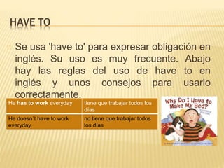 HAVE TO 
Se usa 'have to' para expresar obligación en 
inglés. Su uso es muy frecuente. Abajo 
hay las reglas del uso de have to en 
inglés y unos consejos para usarlo 
correctamente. 
He has to work everyday tiene que trabajar todos los 
días 
He doesn´t have to work 
everyday. 
no tiene que trabajar todos 
los días 
 