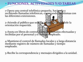  FUNCIONES, ACTIVIDADES Y/O TAREAS 
1-Opera una central telefónica pequeña, haciendo y 
recibiendo llamadas telefónicas, conectando las mismas con 
las diferentes extensiones. 
2-Atiende al público que solicita información dándole la 
orientación requerida. 
3-Anota en libros de control diario las llamadas efectuadas y 
recibidas por el personal y el tiempo empleado. 
4-Mantiene el control de llamadas locales y a larga distancia 
mediante registro de número de llamadas y tiempo 
empleado. 
5-Recibe la correspondencia y mensajes dirigidos a la unidad. 
 