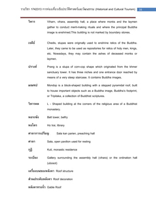 รายวิชา 1742313 การท่องเที่ยวเชิงประวัติศาสตร์และวัฒนธรรม (Historical and Cultural Tourism) 16 
วิหาร Viharn, vihara, assembly hall, a place where monks and the laymen gather to conduct merit-making rituals and where the principal Buddha image is enshrined.This building is not marked by boundary stones. 
เจดีย์ Chedis, stupas were originally used to enshrine relics of the Buddha. Later, they came to be used as repositories for relics of holy men, kings, etc. Nowadays, they may contain the ashes of deceased monks or laymen. 
ปรางค์ Prang is a stupa of corn-cop shape which originated from the khmer sanctuary tower. It has three niches and one entrance door reached by means of a very steep staircase. It contains Buddha images. 
มณฑป Mondop is a block-shaped building with a stepped pyramidal roof, built to house important objects such as a Buddha image, Buddha’s footprint, or Tripitaka, a collection of Buddhist scriptures. 
วิหารคด L - Shaped building at the corners of the religious area of a Buddhist monastery. 
หอระฆัง Bell tower, belfry 
หอไตร Ho trai, library 
ศาลาการเปรียญ Sala kan parien, preaching hall 
ศาลา Sala, open pavilion used for resting 
กุฏิ Kuti, monastic residence 
ระเบียง Gallery surrounding the assembly hall (vihara) or the ordination hall (ubosot) 
เครื่องบนของหลังคา Roof structure 
ส่วนประดับหลังคา Roof decoration 
หลังคาทรงจั่ว Gable Roof 
 