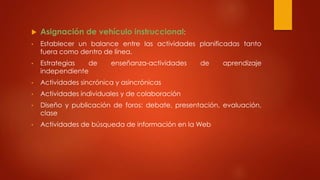  Asignación de vehículo instruccional: 
• Establecer un balance entre las actividades planificadas tanto 
fuera como dentro de línea. 
• Estrategias de enseñanza-actividades de aprendizaje 
independiente 
• Actividades sincrónica y asincrónicas 
• Actividades individuales y de colaboración 
• Diseño y publicación de foros: debate, presentación, evaluación, 
clase 
• Actividades de búsqueda de información en la Web 
 