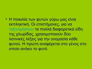 • Η ποικιλία των φυτών γύρω μας είναι 
εκπληκτική. Οι επιστήμονες, για να 
ταξινομήσουν τα πολλά διαφορετικά είδη 
της χλωρίδας, χρησιμοποιούν δύο 
λατινικές λέξεις για την ονομασία κάθε 
φυτού. Η πρώτη αναφέρεται στο γένος στο 
οποίο ανήκει το φυτό. 
 