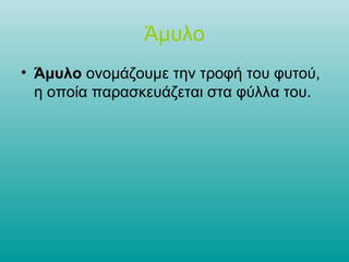 Άμυλο 
• Άμυλο ονομάζουμε την τροφή του φυτού, 
η οποία παρασκευάζεται στα φύλλα του. 
 