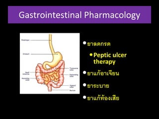 Gastrointestinal Pharmacology 
ยาลดกรด 
Peptic ulcer 
therapy 
ยาแก้อาเจียน 
ยาระบาย 
ยาแก้ท้องเสีย 
 