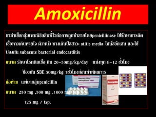 Amoxicillin 
ยาฆ่าเชื้อกลุ่มเพนนิซิลลินที่ 
ไวต่อการถูกทา ลายโดยpenicillinase ใชร้กัษาการติด 
เชื้อทางเดินหายใจ ผิวหนงั ทางเดินปัสสาวะ otitis media ไซนสัอกัเสบ และใช้ 
ป้องกนั subacute bacterial endocarditis 
ขนาด รักษาโรคติดเชื้อ กิน 20-50mg/kg/day แบ่งทุก 8-12 ชั่วโมง 
ป้องกัน SBE 50mg/kg 1ชั่วโมงก่อนทาหัตถการ 
ขอ้ห้าม แพย้ากล่มุpenicillin 
ขนาด 250 mg ,500 mg ,1000 mg/cap 
125 mg / tsp. 
 