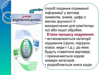 3 етап 
КОДУВАННЯ ДАНИХ 
спосіб подання отриманої 
інформації у вигляді 
символів, знаків, цифр з 
метою зручності її 
використання для комп'ютер- 
ної або іншої обробки. 
Етапи процесу кодування: 
• встановлюються категорії 
кодування (групи, підгрупи, 
класи, види і т.д.), до яких 
будуть ставитися відповіді; 
• призначаються кодові 
номери категорій; 
• розробляється книга кодів. 
 