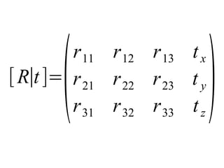 [R∣t ]=(r11 r12 r13 t x 
r21 r22 r23 t y 
r31 r32 r33 t z) 
 