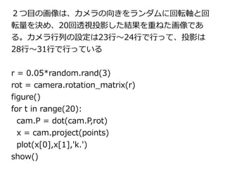２つ目の画像は、カメラの向きをランダムに回転軸と回 
転量を決め、20回透視投影した結果を重ねた画像であ 
る。カメラ行列の設定は23行～24行で行って、投影は 
28行～31行で行っている 
r = 0.05*random.rand(3) 
rot = camera.rotation_matrix(r) 
figure() 
for t in range(20): 
cam.P = dot(cam.P,rot) 
x = cam.project(points) 
plot(x[0],x[1],'k.') 
show() 
 
