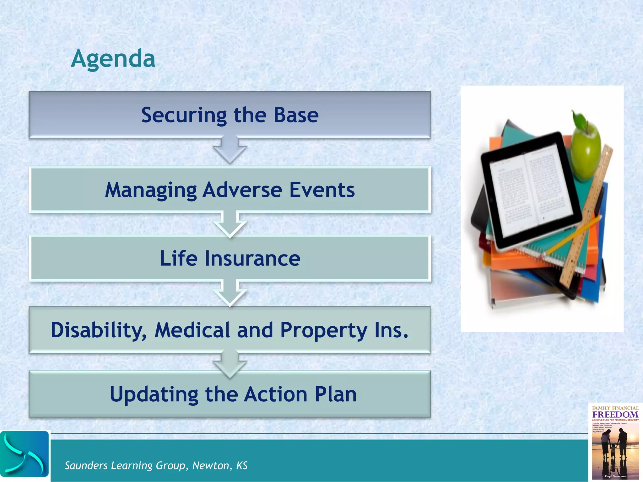 Agenda 
Securing the Base 
Managing Adverse Events 
Life Insurance 
Disability, Medical and Property Ins. 
Updating the Action Plan 
Saunders Learning Group, Newton, KS 
 