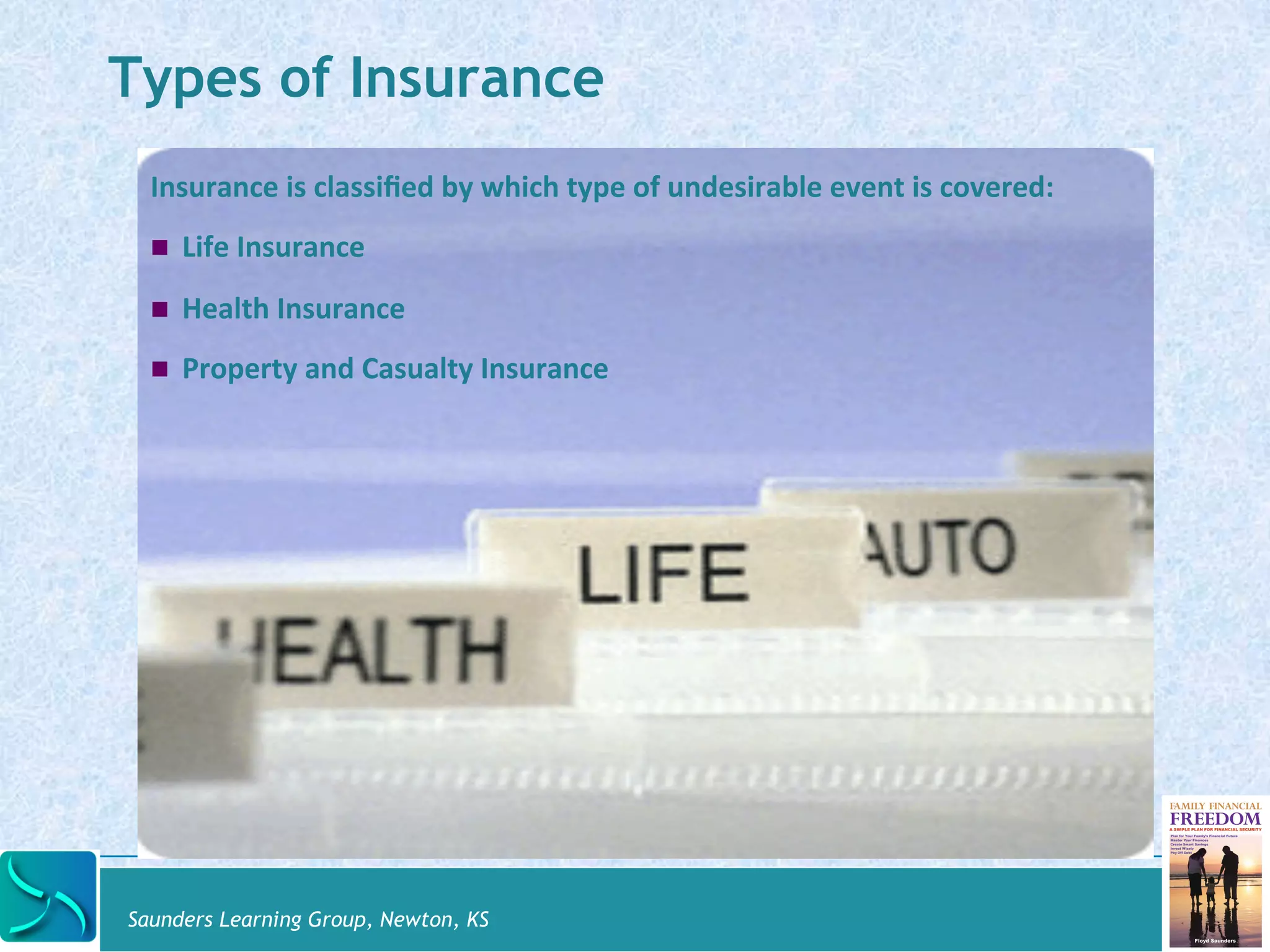 Types of Insurance 
Insurance 
is 
classified 
by 
which 
type 
of 
undesirable 
event 
is 
covered: 
! Life 
Insurance 
! Health 
Insurance 
! Property 
and 
Casualty 
Insurance 
Saunders Learning Group, Newton, KS 
 