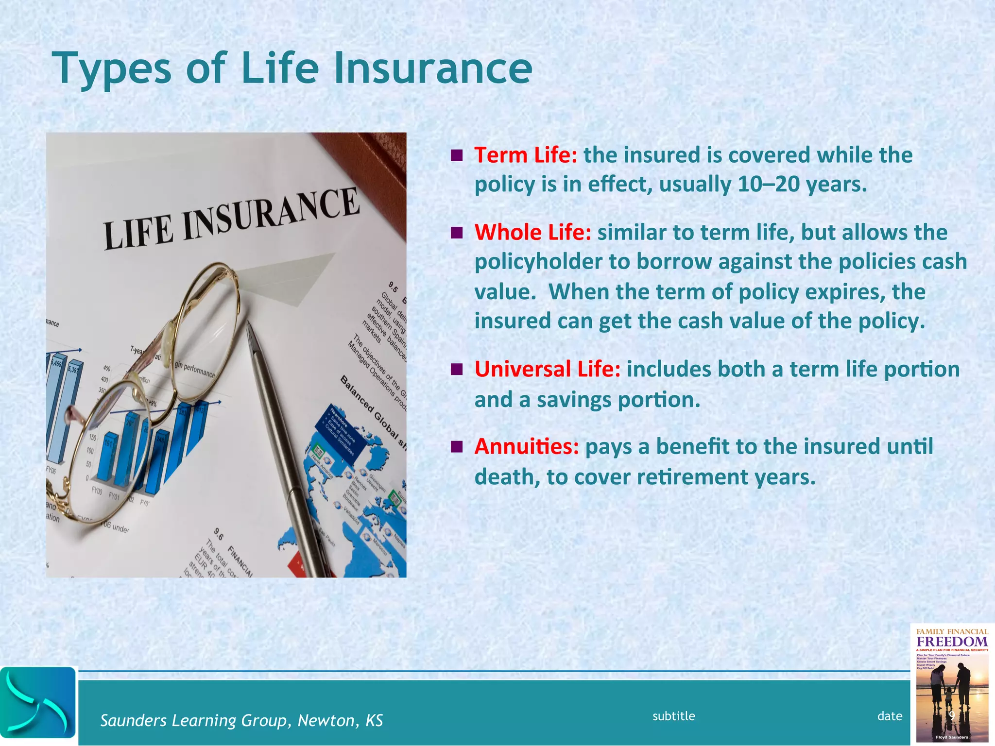 Types of Life Insurance 
Saunders Learning Group, Newton, KS 
! Term 
Life: 
the 
insured 
is 
covered 
while 
the 
policy 
is 
in 
effect, 
usually 
10–20 
years. 
! Whole 
Life: 
similar 
to 
term 
life, 
but 
allows 
the 
policyholder 
to 
borrow 
against 
the 
policies 
cash 
value. 
When 
the 
term 
of 
policy 
expires, 
the 
insured 
can 
get 
the 
cash 
value 
of 
the 
policy. 
! Universal 
Life: 
includes 
both 
a 
term 
life 
por@on 
and 
a 
savings 
por@on. 
! Annui@es: 
pays 
a 
benefit 
to 
the 
insured 
un@l 
death, 
to 
cover 
re@rement 
years. 
subtitle date 9 
 