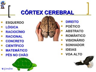 Grendene 
CCÓÓRRTTEEXX CCEERREEBBRRAALL 
 ESQUERDO 
 LÓGICA 
 RACIOCÍNIO 
 RACIONAL 
 CONCRETO 
 CIENTÍFICO 
 MATEMÁTICO 
 PÉS NO CHÃO 
 DIREITO 
 POÉTICO 
 ABSTRATO 
 ROMÂNTICO 
 VISIONÁRIO 
 SONHADOR 
 IDEIAS 
 VOA ALTO 
 